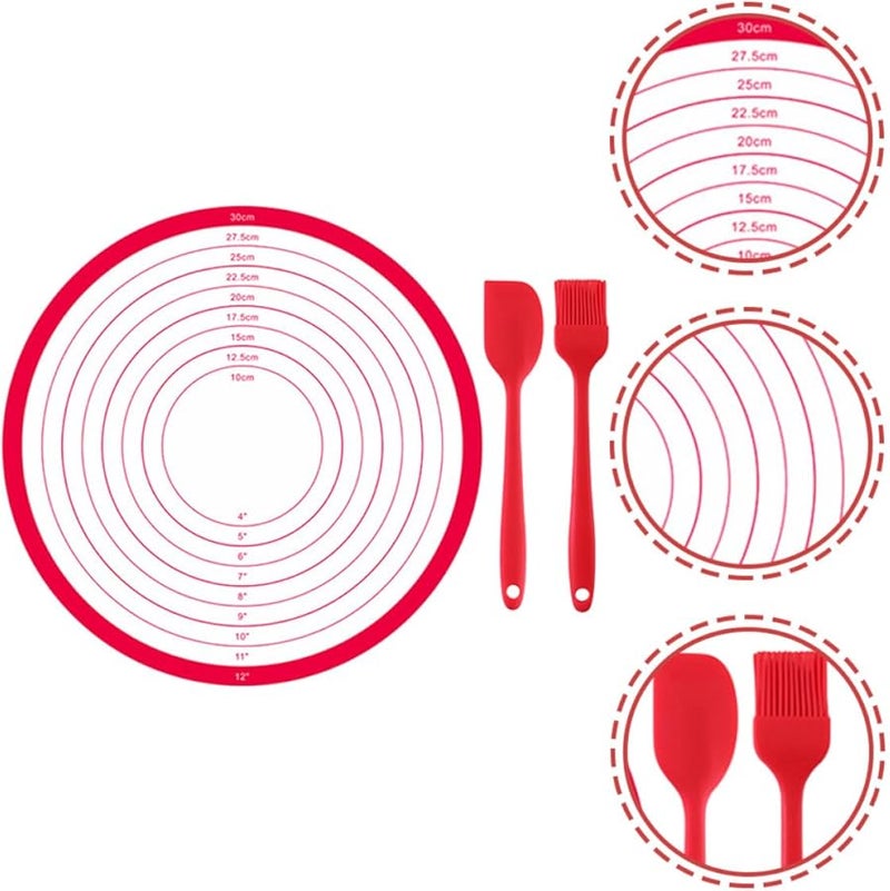 Silicone Baking Mat Set 30Cm Round Nonstick Pastry Mat With Scale Brush Scraper - Image 3